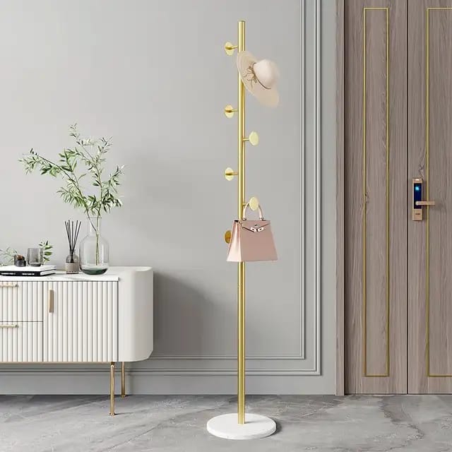 Furaha Finds Marble Base Luxury Coat Rack Floor standing multifunctional clothes & hat hanger with heavy duty metal frame, available in black, white, and gold.
