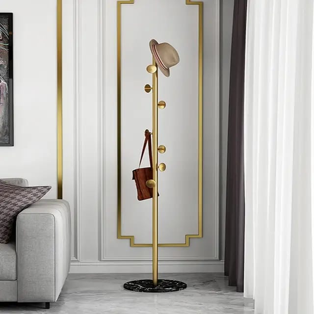 Furaha Finds Marble Base Luxury Coat Rack  Floor standing multifunctional clothes & hat hanger with heavy duty metal frame, available in black, white, and gold.