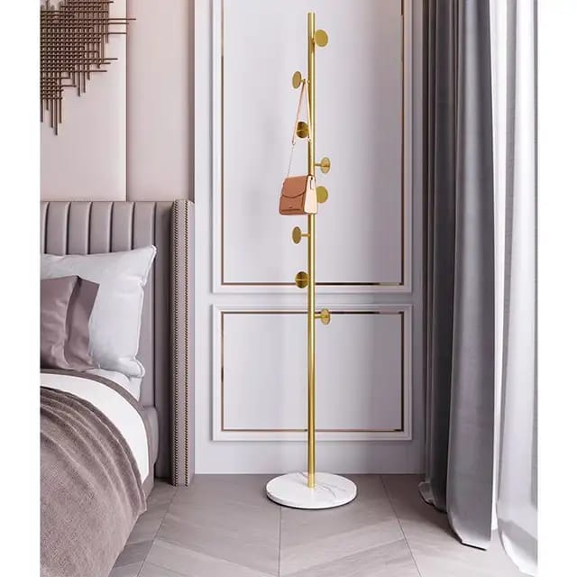 Furaha Finds Marble Base Luxury Coat Rack Floor standing multifunctional clothes & hat hanger with heavy duty metal frame, available in black, white, and gold.