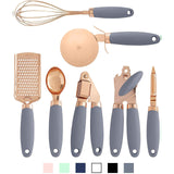 High Quality 7pcs Kitchen Gadget Set with Copper Plated Finish and Silicon Handle | Whisk, Grater, Pizza Cutter, Garlic Press, Can Opener, Ice Cream Scoop, Peeler