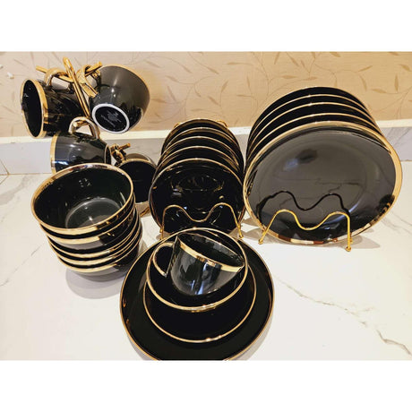 24 Piece Gloss Black Dinner Set with Gold Rim | Perfect For Formal Dinners, Family Gatherings, & Special Occasions- Furaha Finds Kenya