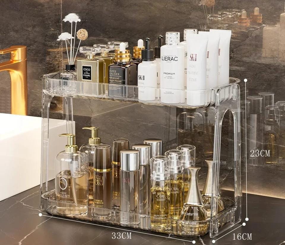 Multipurpose 2 Tier Vanity Stand  Durable Acrylic Makeup Organizer  Ideal For Storing Toiletries, Cosmetics, Kitchenware