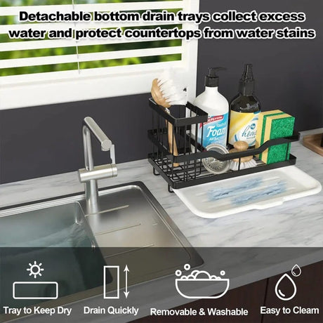 Stainless Steel Kitchen Sink Drain Rack Multi Functional Faucet Holder & Sponge Shelf, Black- Furaha Finds Kenya