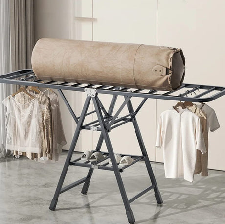 Furaha Finds Black Movable Outdoor Drying Rack 1.7M height, sturdy metal frame with wheels for easy mobility, foldable design for indoor and outdoor use.