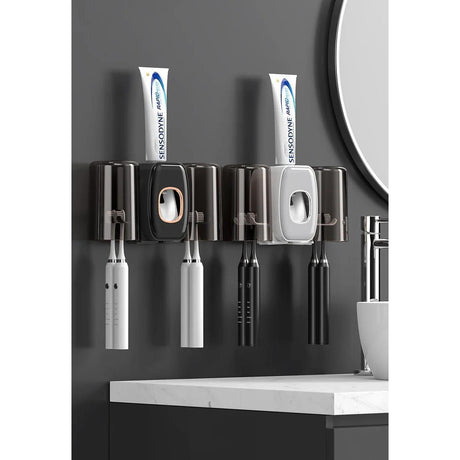 Creative Automatic Toothpaste Squeezer & Toothbrush Holder Set Hands-Free Dispenser with Wall Mounted Storage.