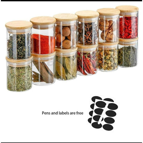 12pcs Glass Storage Jar Set with Bamboo Lids Airtight Containers 300ml.- Furaha Finds Kenya