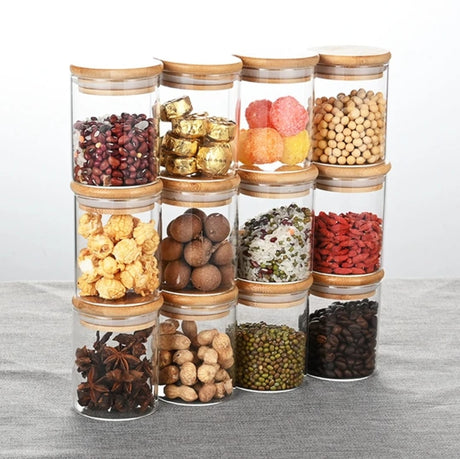 12pcs Glass Storage Jar Set with Bamboo Lids Airtight Containers 300ml.- Furaha Finds Kenya