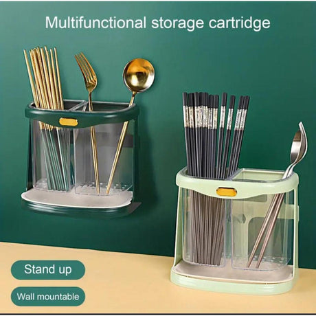 Kitchen Cutlery Organizer with Drain Hole Wall Mounted, Transparent Compartments for Chopsticks, Spoons & Forks Available in White, Dark Green, Light Green- Furaha Finds Kenya