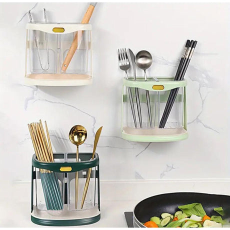 Kitchen Cutlery Organizer with Drain Hole Wall Mounted, Transparent Compartments for Chopsticks, Spoons & Forks Available in White, Dark Green, Light Green- Furaha Finds Kenya