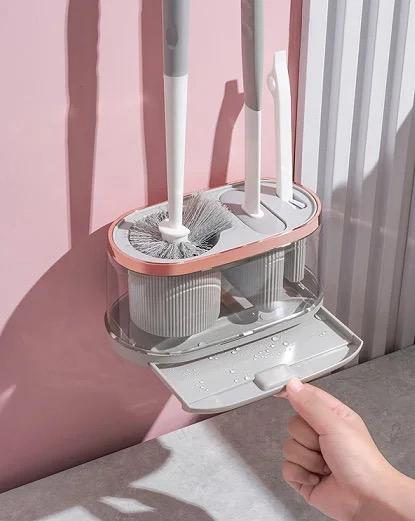 Furaha Finds 5 in 1 Cleaning Toilet Brush Set Includes bristle brush, silicone flat brush, tongs, corner brush,and draining rack for deep bathroom cleaning.