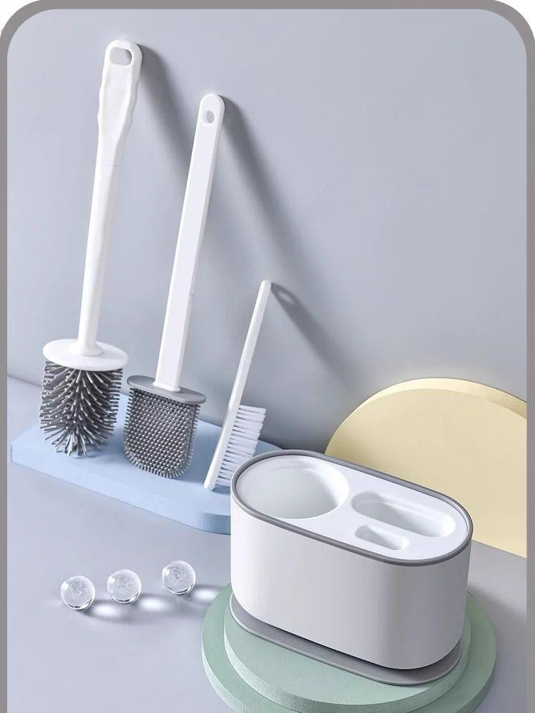 Furaha Finds 5 in 1 Cleaning Toilet Brush Set Includes bristle brush, silicone flat brush, tongs, corner brush,and draining rack for deep bathroom cleaning.