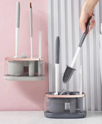 Furaha Finds 5 in 1 Cleaning Toilet Brush Set Includes bristle brush, silicone flat brush, tongs, corner brush,and draining rack for deep bathroom cleaning.