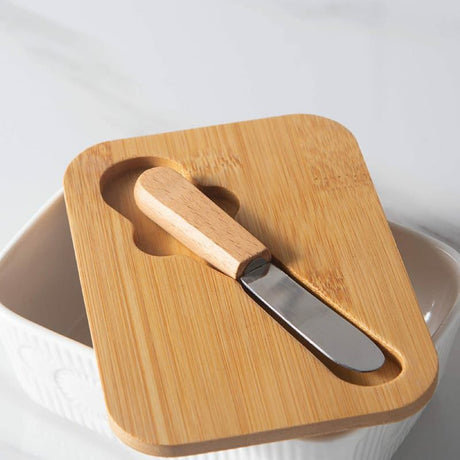 Porcelain Butter Set with Bamboo Lid and Knife 400ml Non Slip Butter Keeper for Freshness and Easy Cleaning- Furaha Finds Kenya