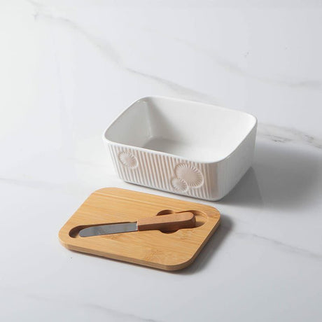 Porcelain Butter Set with Bamboo Lid and Knife 400ml Non Slip Butter Keeper for Freshness and Easy Cleaning- Furaha Finds Kenya