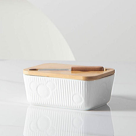 Porcelain Butter Set with Bamboo Lid and Knife 400ml Non Slip Butter Keeper for Freshness and Easy Cleaning- Furaha Finds Kenya