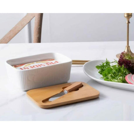 Porcelain Butter Set with Bamboo Lid and Knife 400ml Non Slip Butter Keeper for Freshness and Easy Cleaning- Furaha Finds Kenya