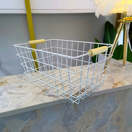 Metal Wire Storage Basket with Handle Wrought Iron Art Fruit Vegetable Snacks Bathroom & Kitchen Holder (Black & White)- Furaha Finds Kenya