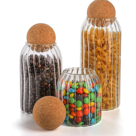 Ribbed Storage Glass Jars 3pcs Set of Stylish, Airtight Containers for Kitchen & Pantry Organization
