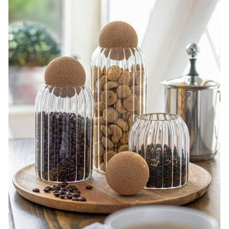 Ribbed Storage Glass Jars 3pcs Set of Stylish, Airtight Containers for Kitchen & Pantry Organization