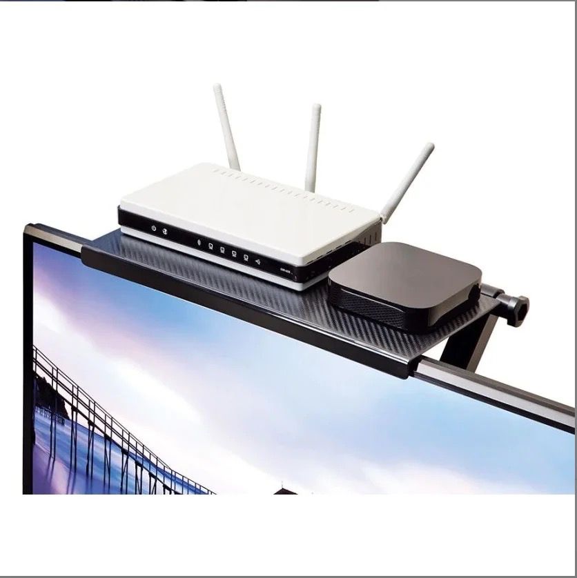 Furaha Finds Adjustable Screen/TV Caddy Shelf Top screen shelf mount for extra storage, compatible with flat screen TVs and monitors, tool free installation.