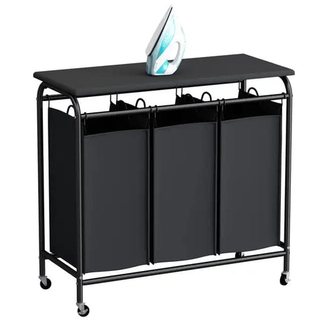 3 Compartment Laundry Basket with Lockable Wheels & Ironing Board