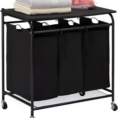 3 Compartment Laundry Basket with Lockable Wheels & Ironing Board
