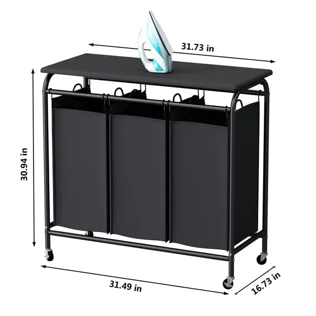 3 Compartment Laundry Basket with Lockable Wheels & Ironing Board