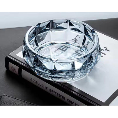 Ash Tray Round Glass, Black & Silver Design