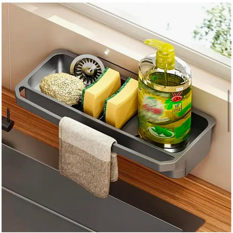 "Wall Mounted Sink Caddy Organizer with Drip Tray and Dish Cloth Hanger No Drill Rustproof Design"