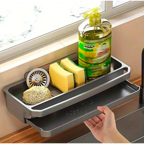 "Wall Mounted Sink Caddy Organizer with Drip Tray and Dish Cloth Hanger No Drill Rustproof Design"
