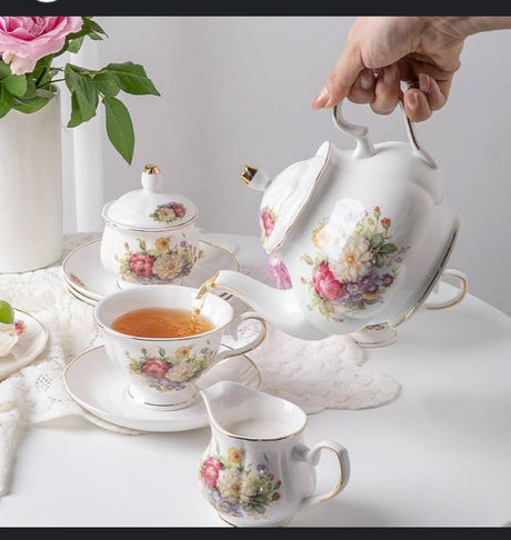Bone China Tea Set with Pink Flowers- Furaha Finds Kenya