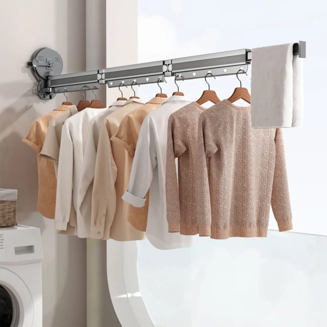 Furaha Finds Retractable Clothes Drying Rack No punching wall mounted suction cup drying rack,space saving, durable, and adjustable for small laundry areas.