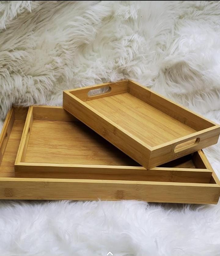 Furaha Finds 3 in 1 bamboo serving tray set eco-friendly, stylish, and perfect for serving meals, snacks, and drinks at home or events.