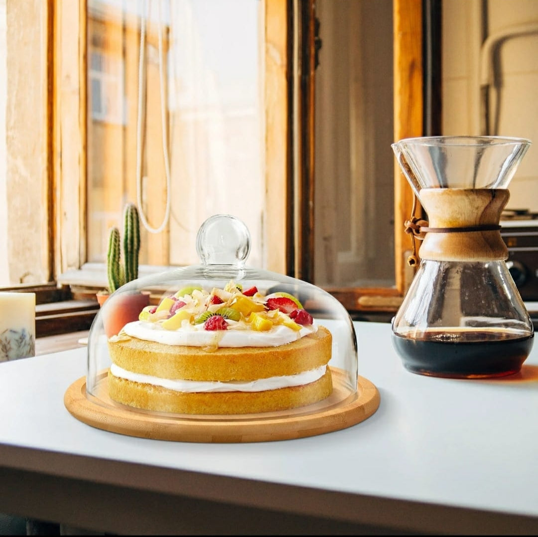 High-Quality Bamboo Base Cake & Fruit Stand with Acrylic Dome Cover 30cm- Furaha Finds Kenya
