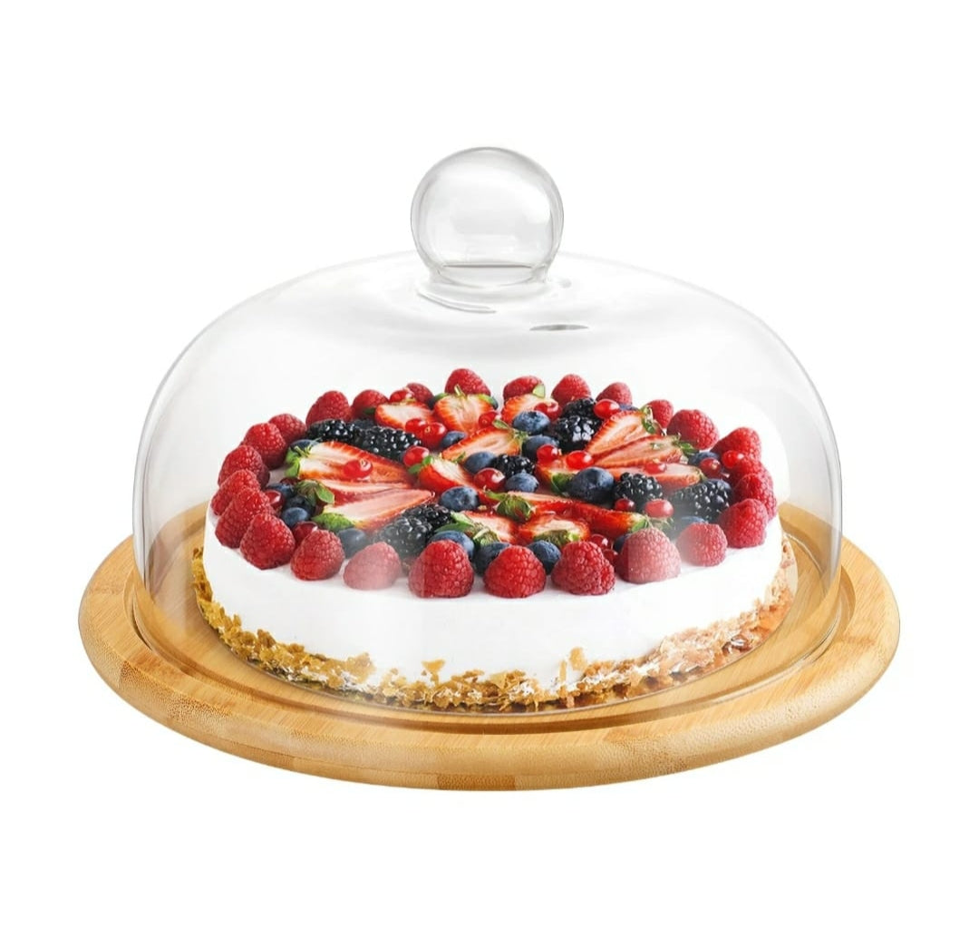 High-Quality Bamboo Base Cake & Fruit Stand with Acrylic Dome Cover 30cm- Furaha Finds Kenya