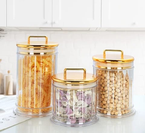 3pcs High Quality Luxury Golden Kitchen Storage Jars Set Acrylic Decorative Canisters
