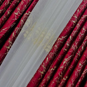 3pcs Elegant Window Curtains Set with Sheer – Maroon with Thunder Patch Design (Height 2.5m) Curtain Holdbacks