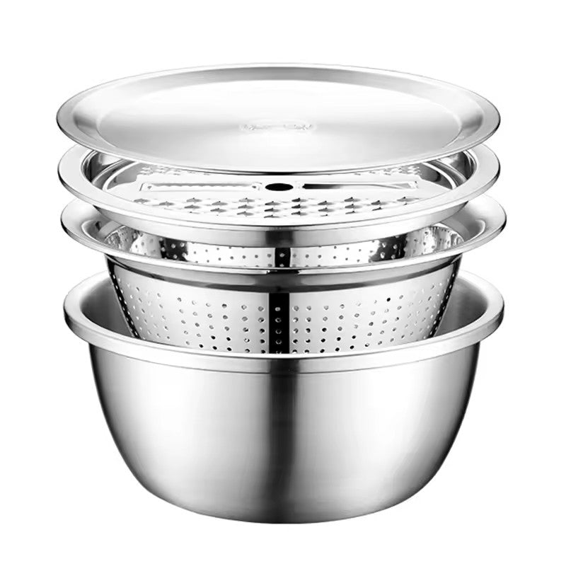 4PCS Set 304 Stainless Steel Bowl with Lid - Colander & Mixing Bowl 26cm