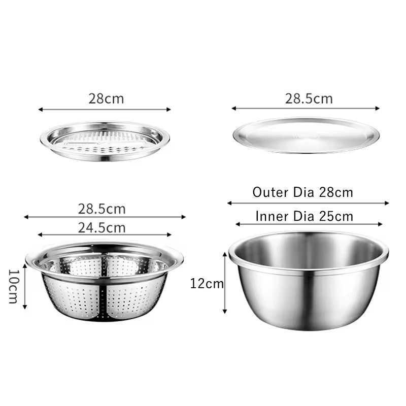 4PCS Set 304 Stainless Steel Bowl with Lid - Colander & Mixing Bowl 26cm