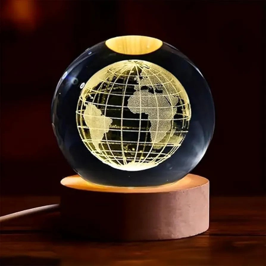 3D Earth Crystal LED Ball Night Lamp - Warm Light with USB Charger
