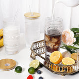 475ml Glass Cups with Lids and Straws - Vintage Embossed Tumbler