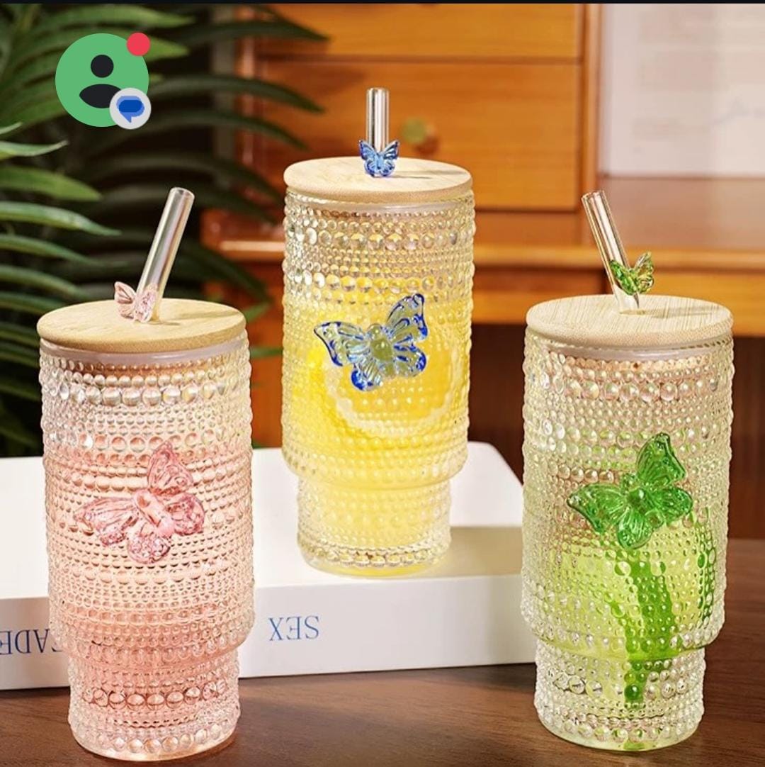 475ml Glass Cups with Lids and Straws - Vintage Embossed Tumbler