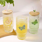 475ml Glass Cups with Lids and Straws - Vintage Embossed Tumbler
