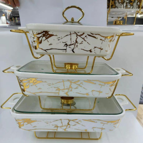 3pcs White & Gold Ceramic Chaffing Dish Set chafing dishes Chafing Dishes
