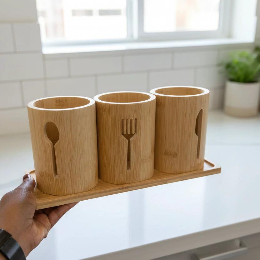 4 in 1 Eco-Friendly Bamboo Cutlery Organizer Flatware Trays
