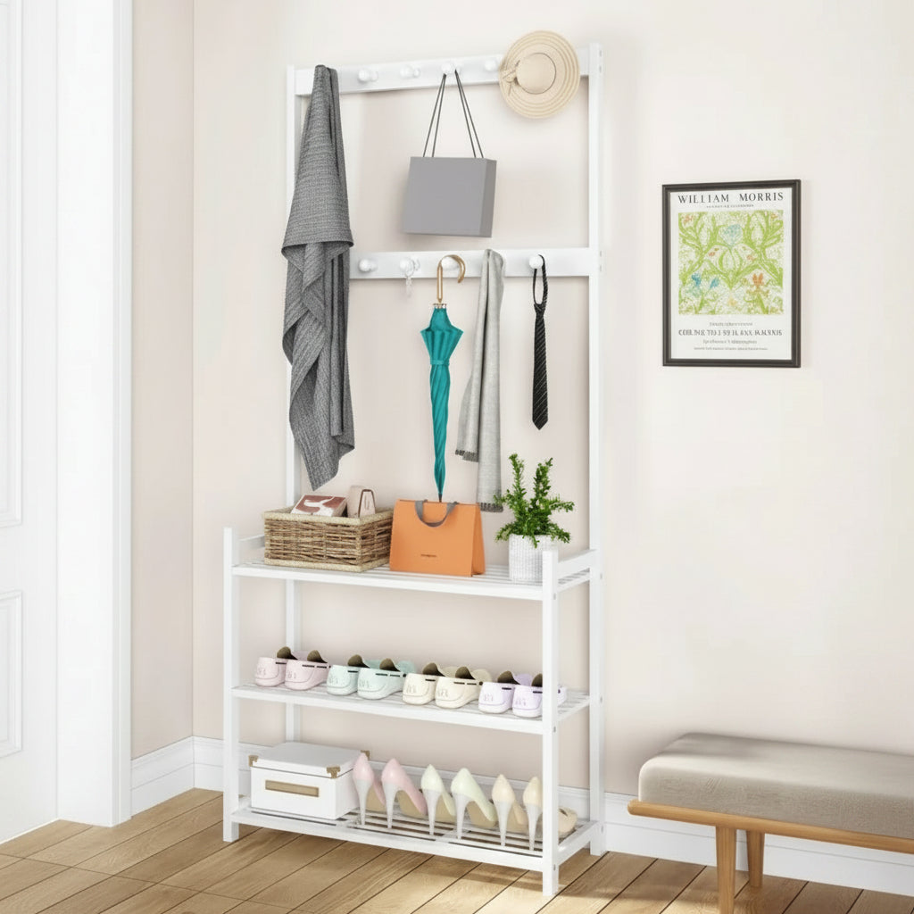 Multifunctional Bamboo Entryway Shoe Rack with Hooks and Storage Bamboo rack