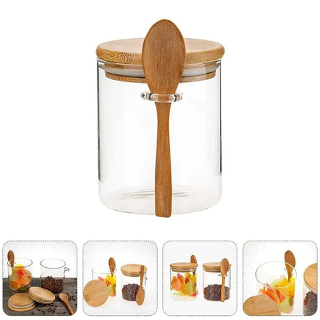 Glass Spice Storage Canister with Wooden Spoon Airtight 420ml Spices storage can Food Storage Containers