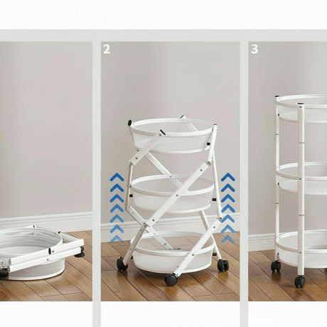 Foldable Round Rotating 3-Tier Metallic Storage Rack with Wheels