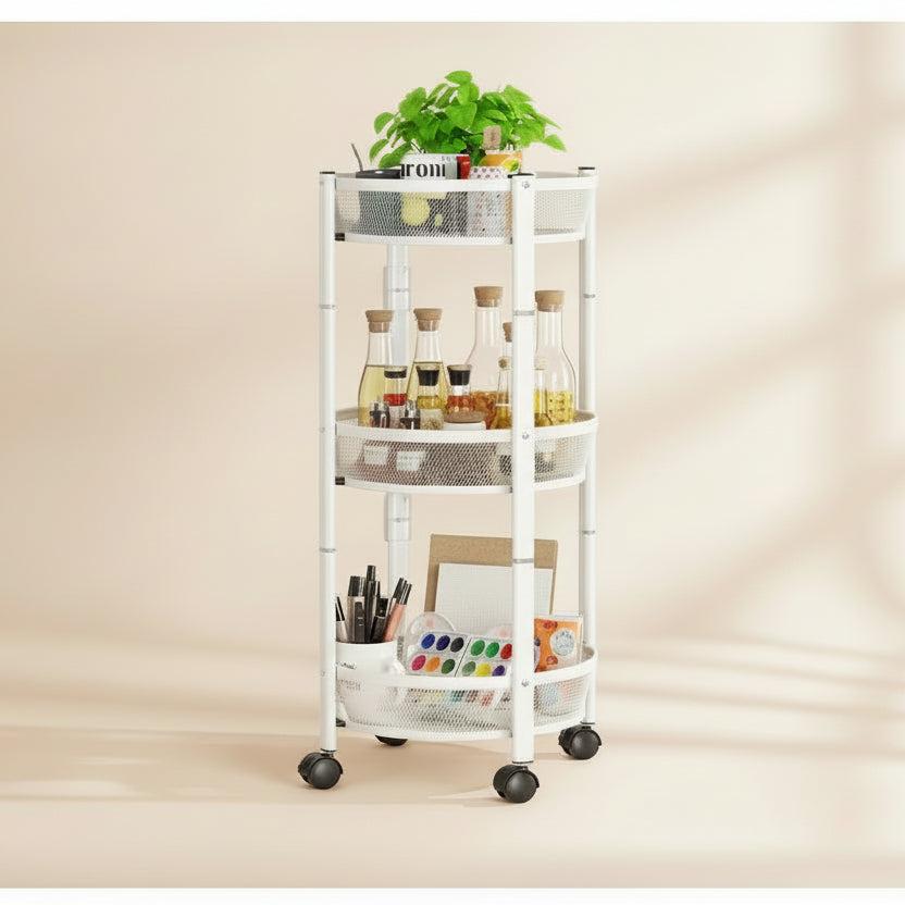 Foldable Round Rotating 3-Tier Metallic Storage Rack with Wheels