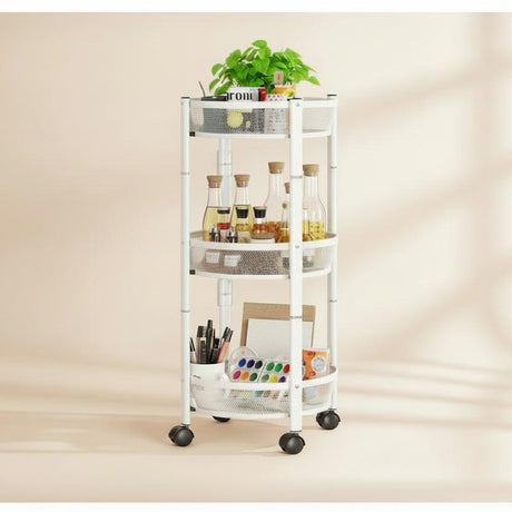 Foldable Round Rotating 3-Tier Metallic Storage Rack with Wheels